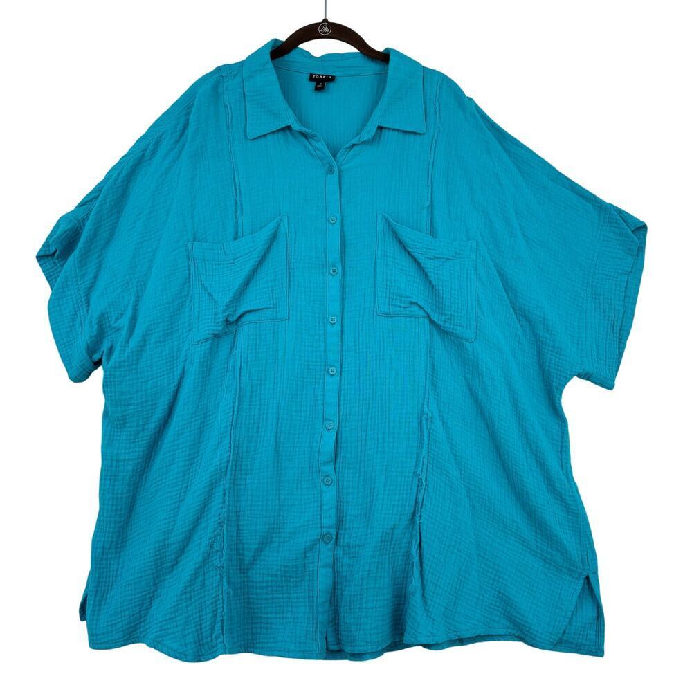 Torrid Blouse Top Womens Size‎ 3X Blue Button Up Relaxed 100% Cotton Gauze